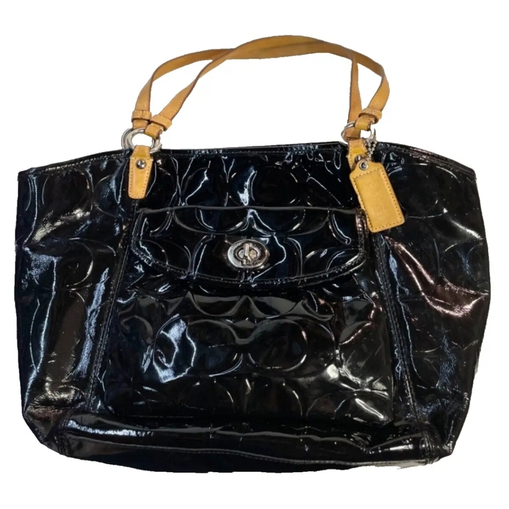 Coach Purse F14663 Signature Leah Black Patent Leather Tote Shoulder Bag